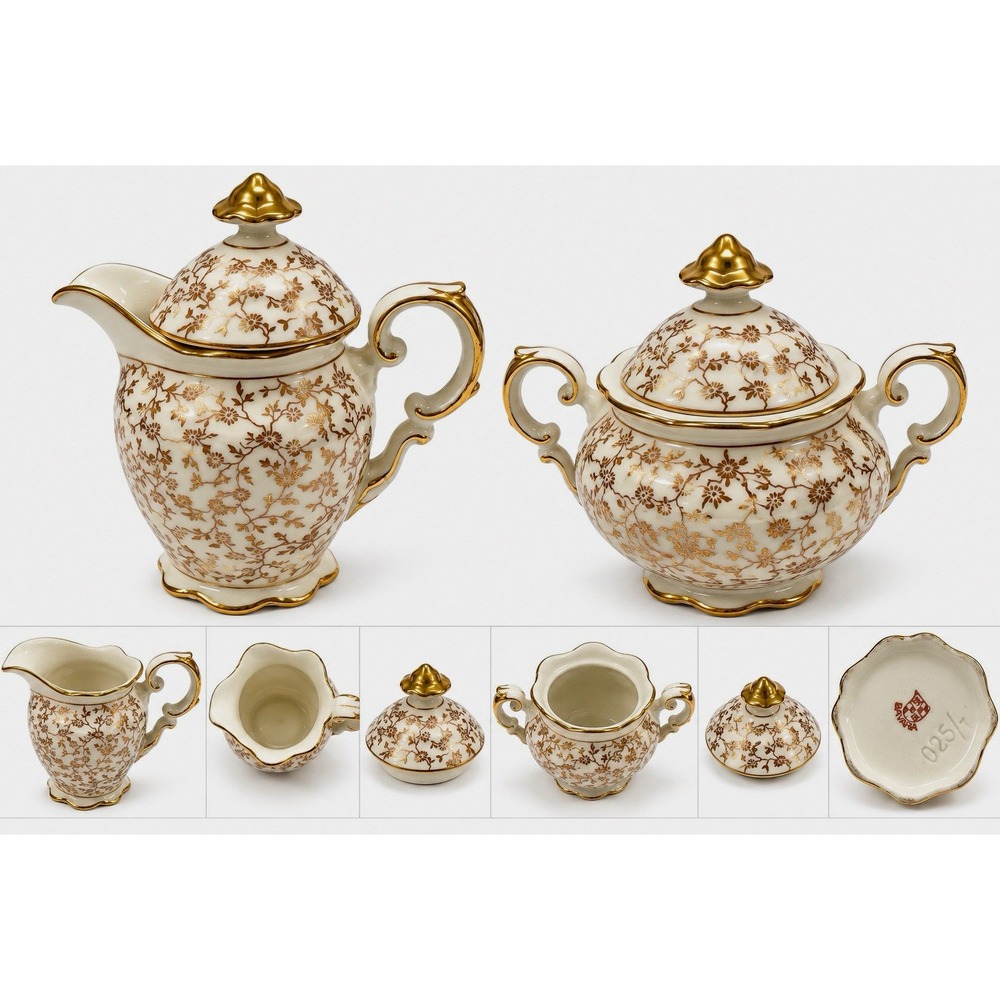 Bavaria Porcelain Floral Creamer & Lidded Sugar Bowl Set White/Gold 1926